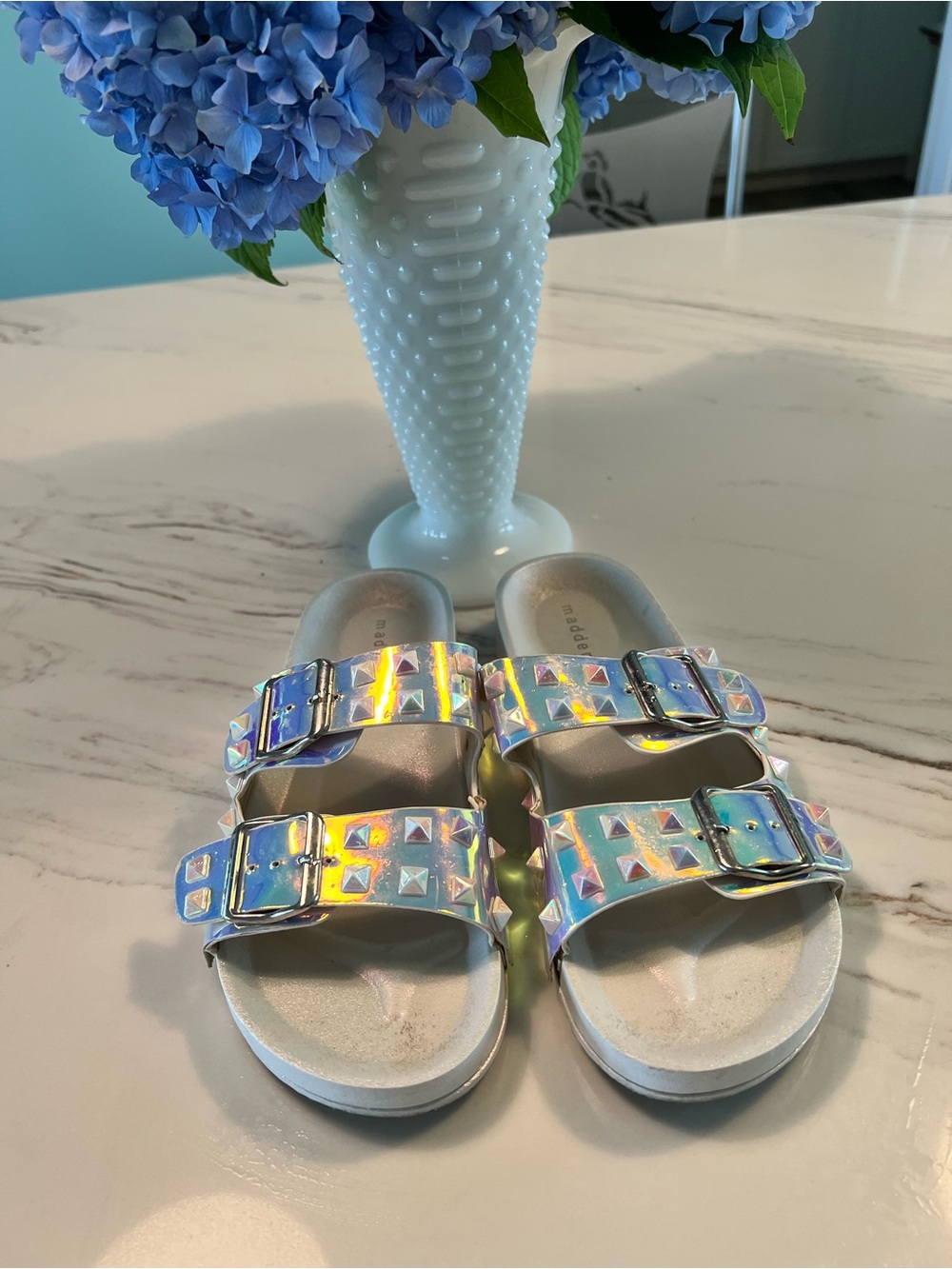 Madden Girl Iridescent Studded Double-Buckle Sandals - Holographic